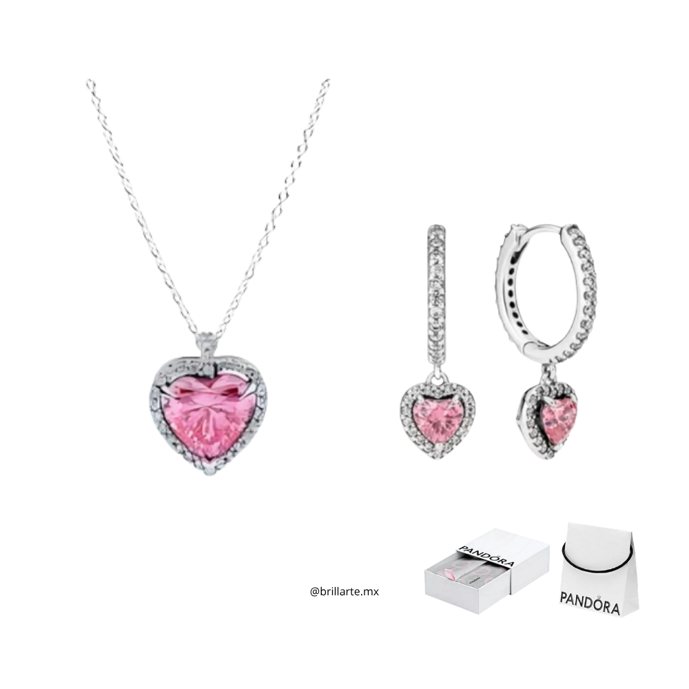 Set collar + aretes corazón rosa