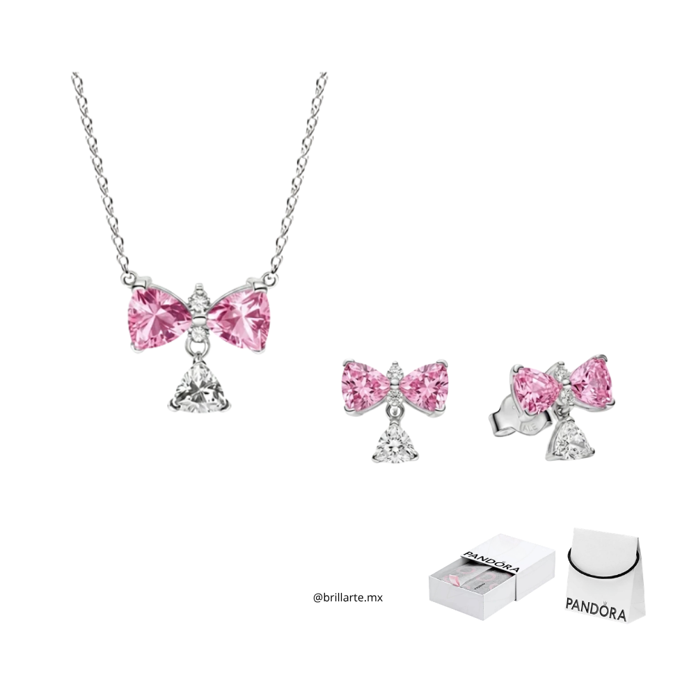 Set collar + aretes llave moño rosa