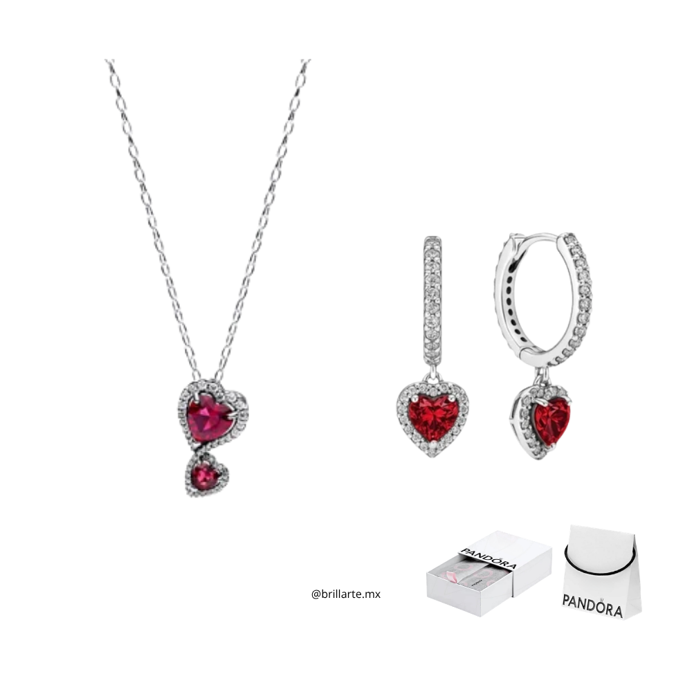 Set collar + aretes doble corazón rojo