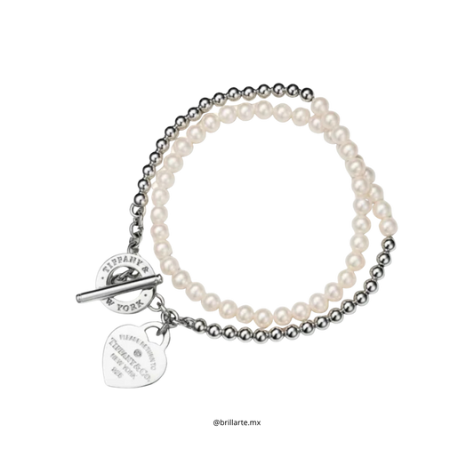 Pulsera Wrap Bead Bracelet in Silver with Pearls and a Diamond, Small